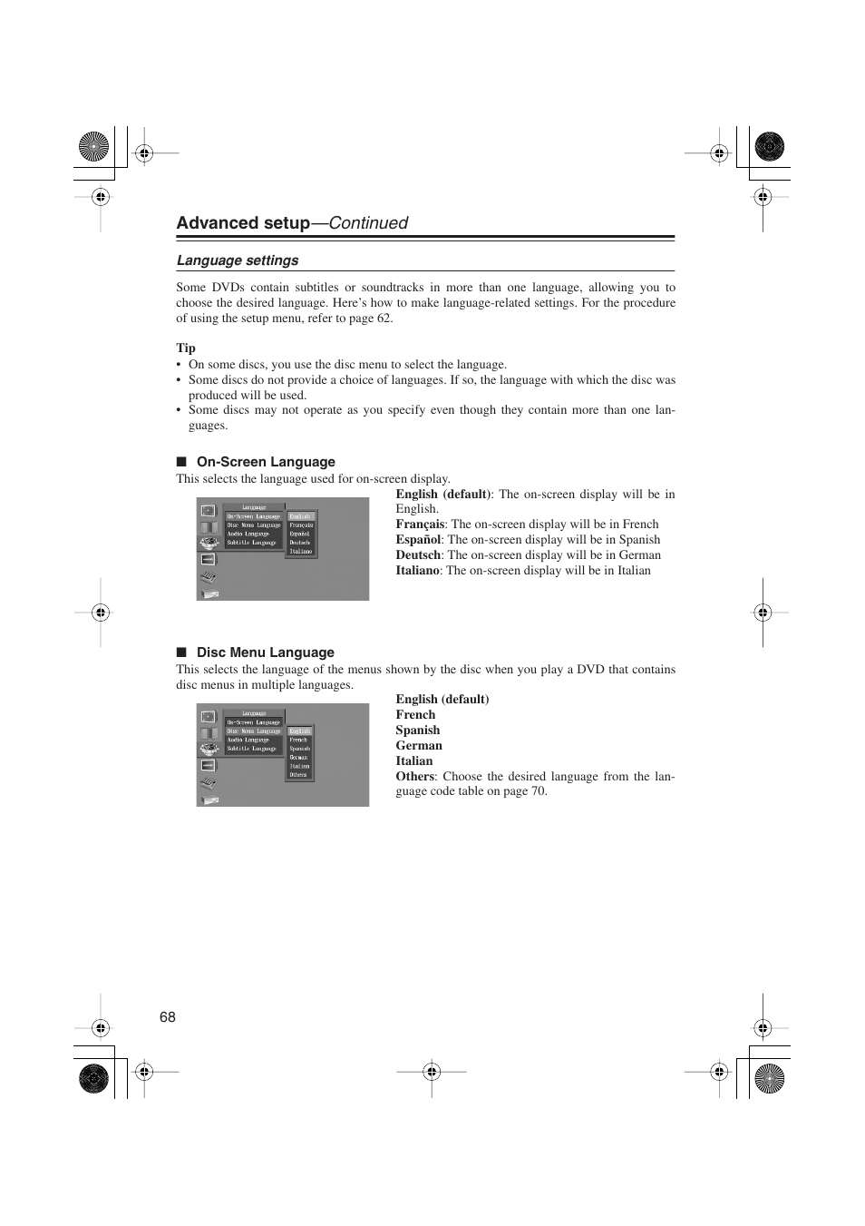 Advanced setup —continued | Onkyo PR-155X User Manual | Page 68 / 84
