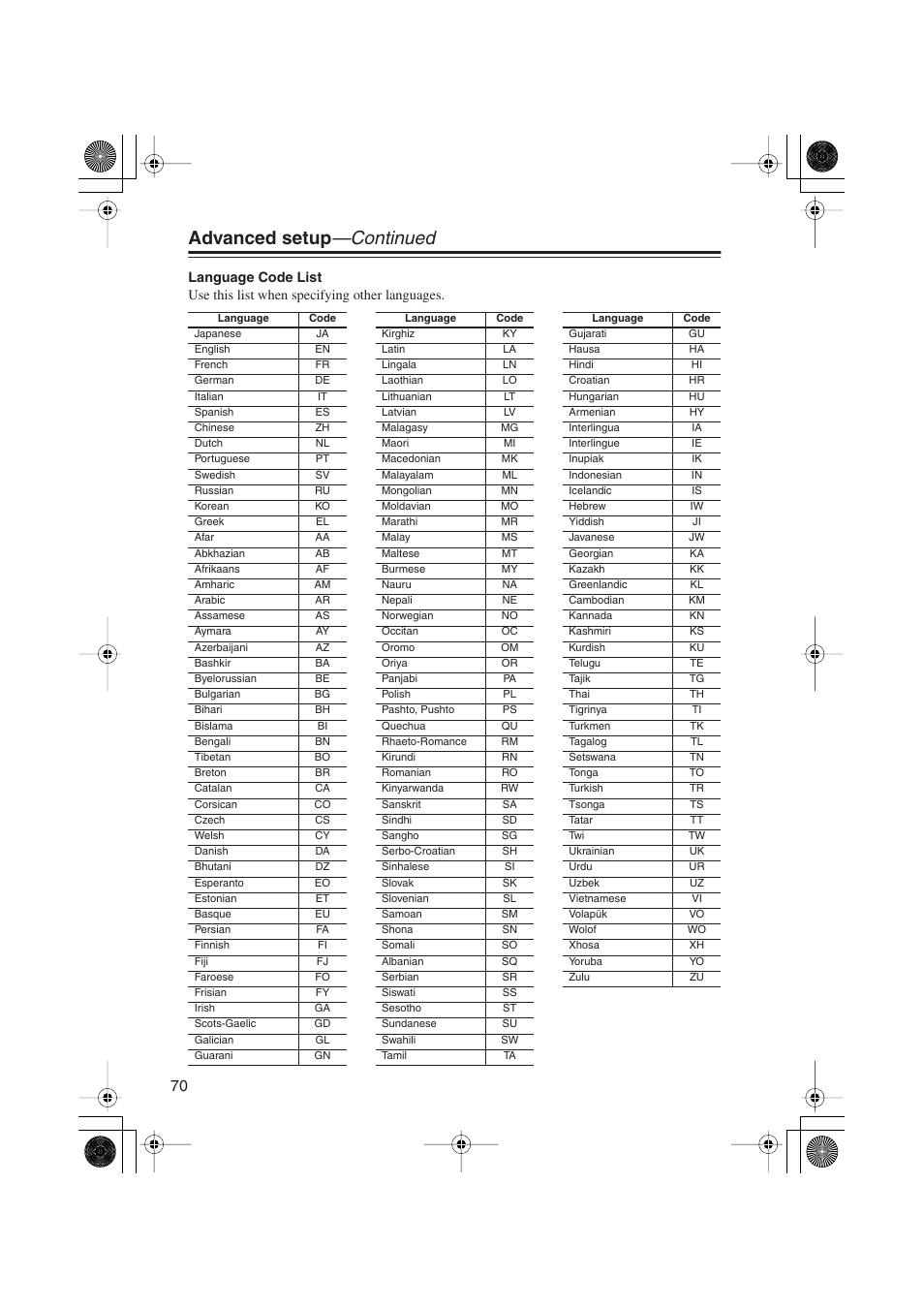 Advanced setup —continued | Onkyo PR-155X User Manual | Page 70 / 84