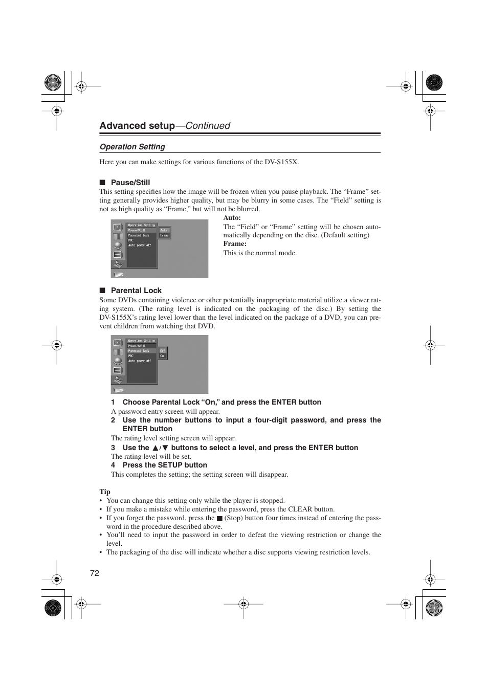 Advanced setup —continued | Onkyo PR-155X User Manual | Page 72 / 84