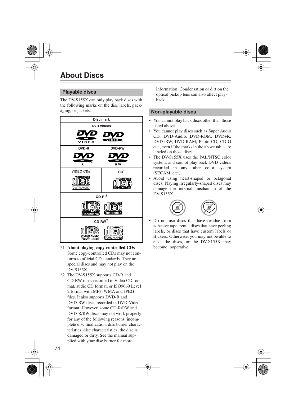 About discs | Onkyo PR-155X User Manual | Page 74 / 84