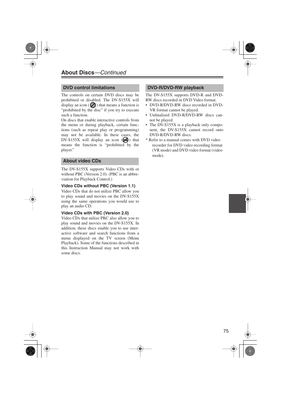 About discs —continued | Onkyo PR-155X User Manual | Page 75 / 84