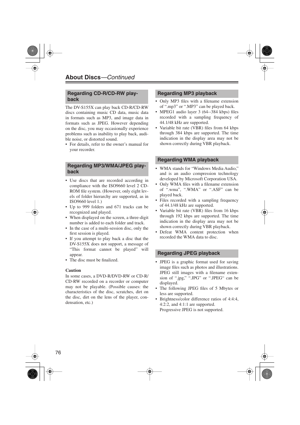About discs —continued | Onkyo PR-155X User Manual | Page 76 / 84