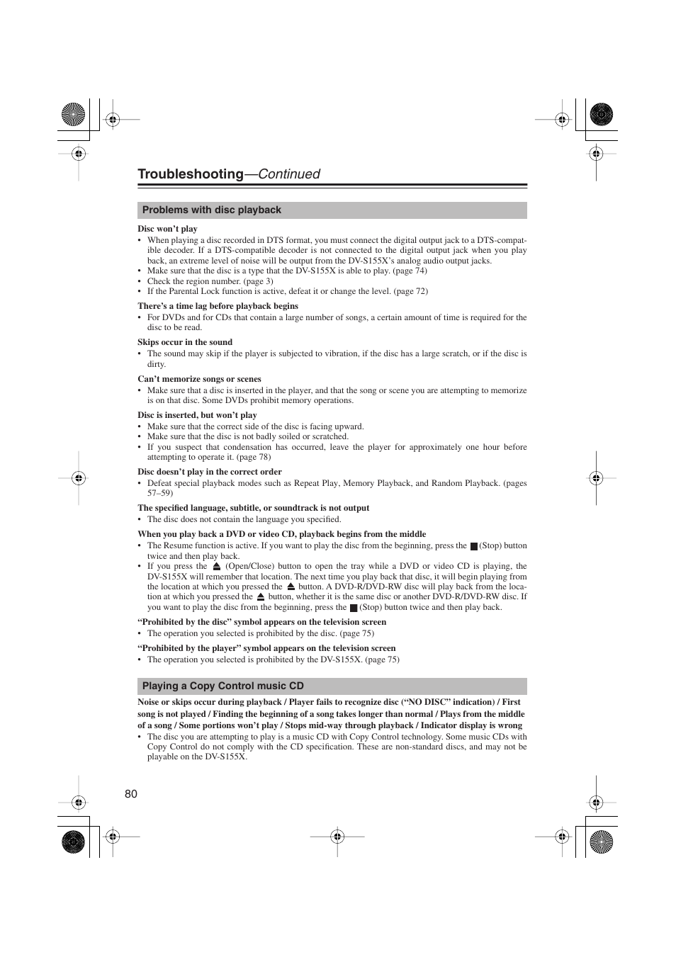 Troubleshooting —continued | Onkyo PR-155X User Manual | Page 80 / 84
