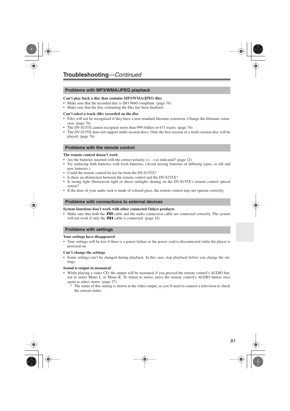 Troubleshooting —continued | Onkyo PR-155X User Manual | Page 81 / 84