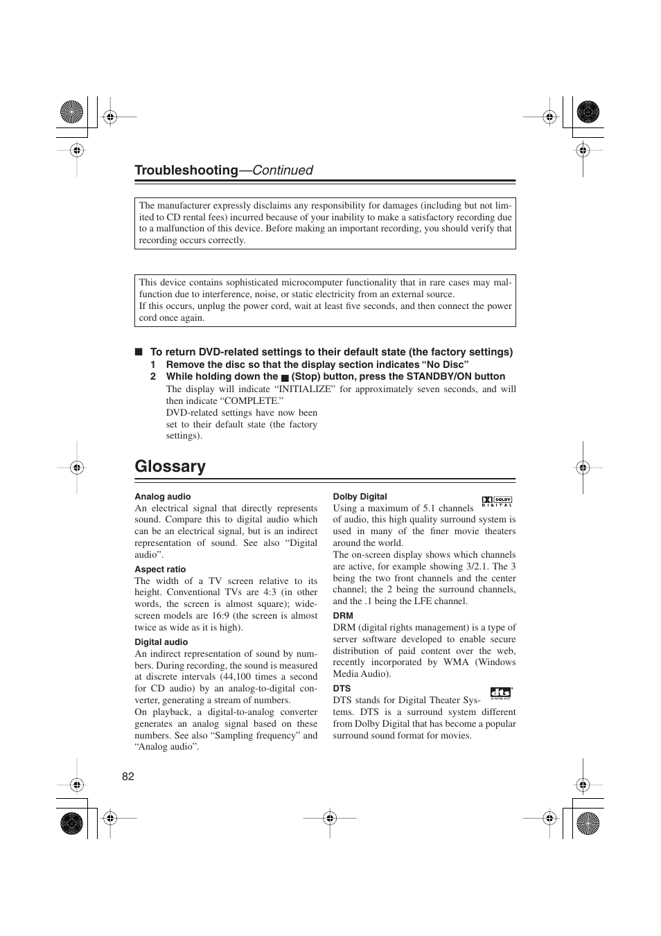 Glossary, Troubleshooting —continued | Onkyo PR-155X User Manual | Page 82 / 84