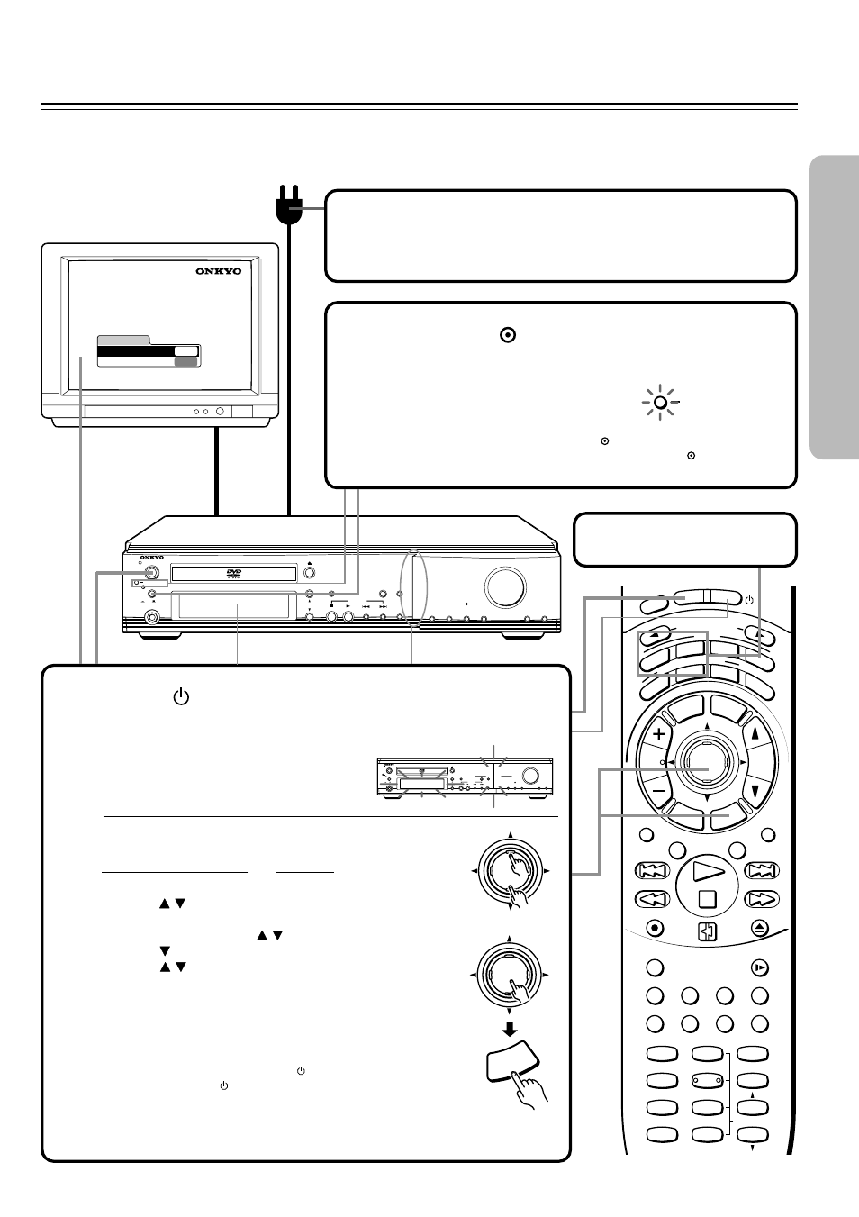 Connecting the power/turning on the dvd receiver, Press the power switch to switch on the main power | Onkyo DR-S2.0 User Manual | Page 17 / 72