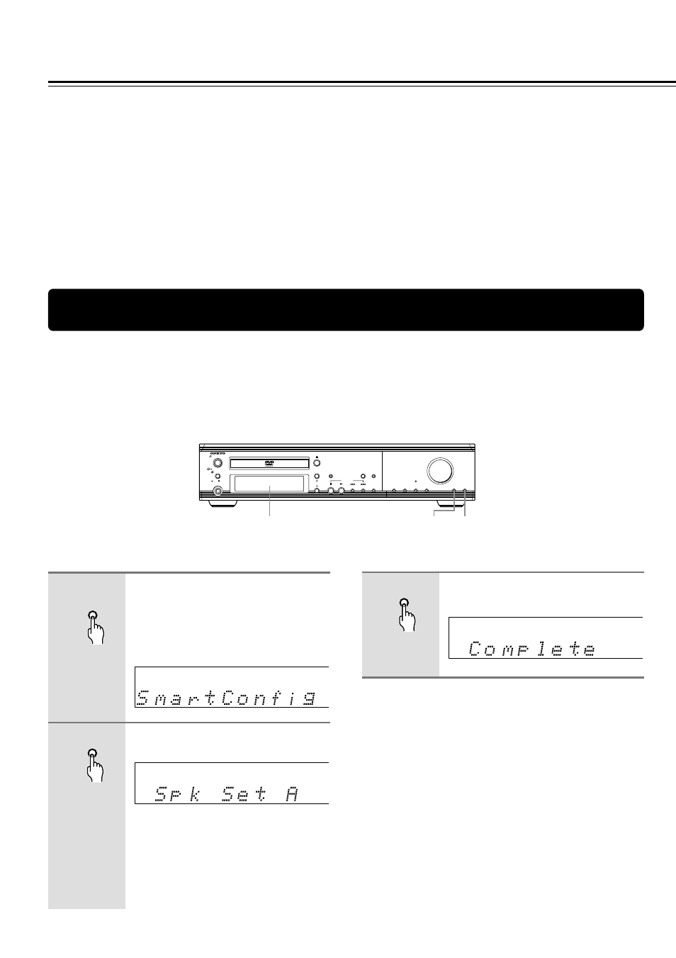 Speaker setup, Press speaker setup, Press speaker a/b to select “spk set a | Smart configuration is complete, Smartconfig” appears in the display | Onkyo DR-S2.0 User Manual | Page 18 / 72