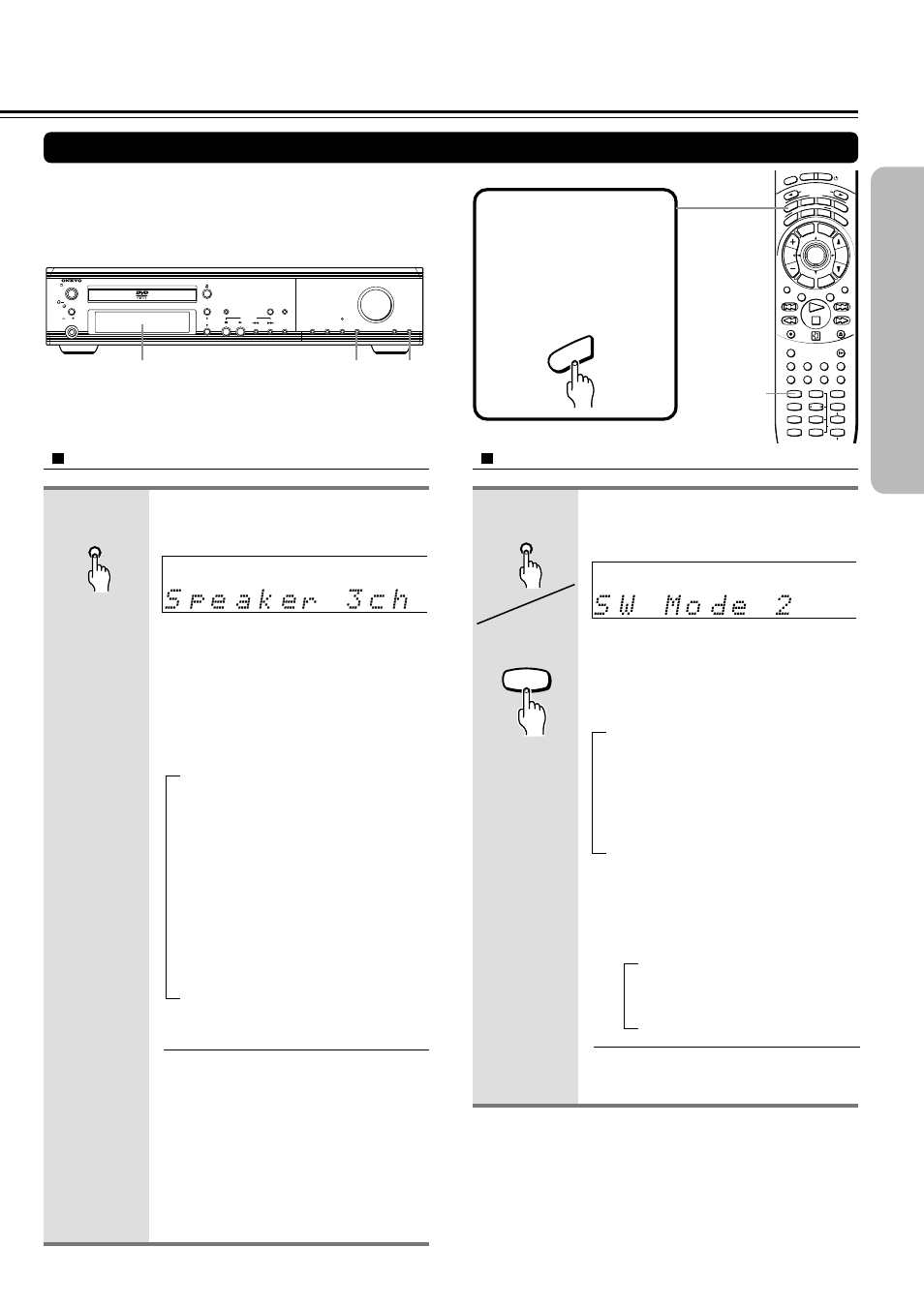 Setting up non-optional speakers, Setting the subwoofer mode, Selecting the number of speaker channels | Before operating the remote controller, Speaker 2, Front left and right speakers) ↓ speaker 3, Usa and canadian models), Display speaker setup, Au dio unit remote controller, Sw mode | Onkyo DR-S2.0 User Manual | Page 19 / 72