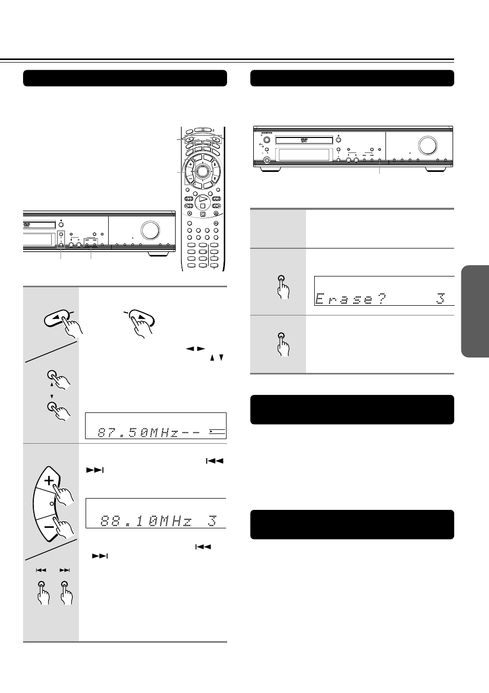 Selecting preset stations, See page 34, Erase?” appears in the display | The selected preset channel will be erased, Unit only, Input selector remote controller unit, Remote controller, Tun unit | Onkyo DR-S2.0 User Manual | Page 29 / 72