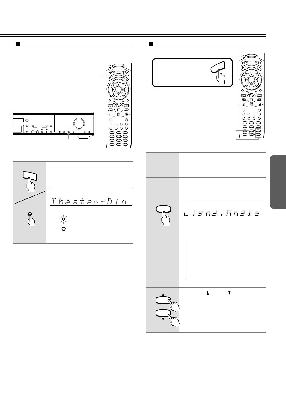 Activating theater-dimensional mode, Adjusting theater-dimensional mode, Press t-d | Press up /down to select the setting of the item, Press mode audio first, Unit remote controller t– d setup, T – d, Au dio, T-d (indicator and button) remote controller only, Up/ down | Onkyo DR-S2.0 User Manual | Page 37 / 72