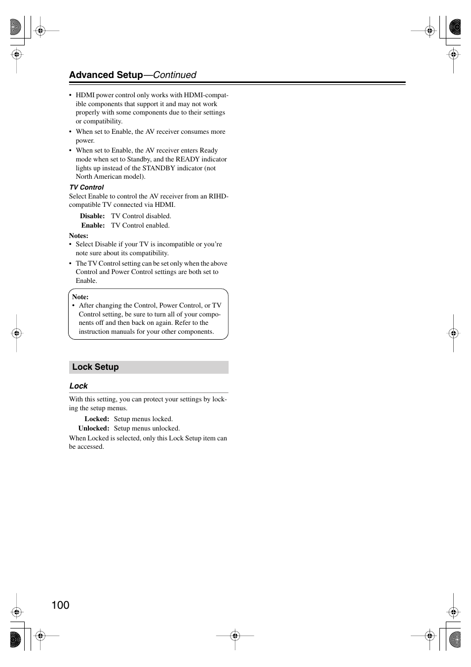 Lock setup, Advanced setup —continued | Onkyo TX-SR875 User Manual | Page 100 / 120