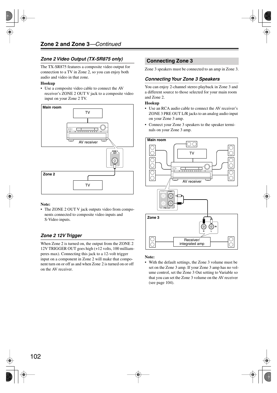 Connecting zone3, Connecting zone 3, Zone 2 and zone 3 —continued | Onkyo TX-SR875 User Manual | Page 102 / 120