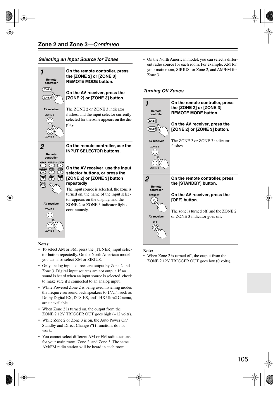 Zone 2 indicator (105), Zone 3 indicator (105), Uttons (105) | Zone 2 and zone 3 —continued, Selecting an input source for zones, Turning off zones | Onkyo TX-SR875 User Manual | Page 105 / 120