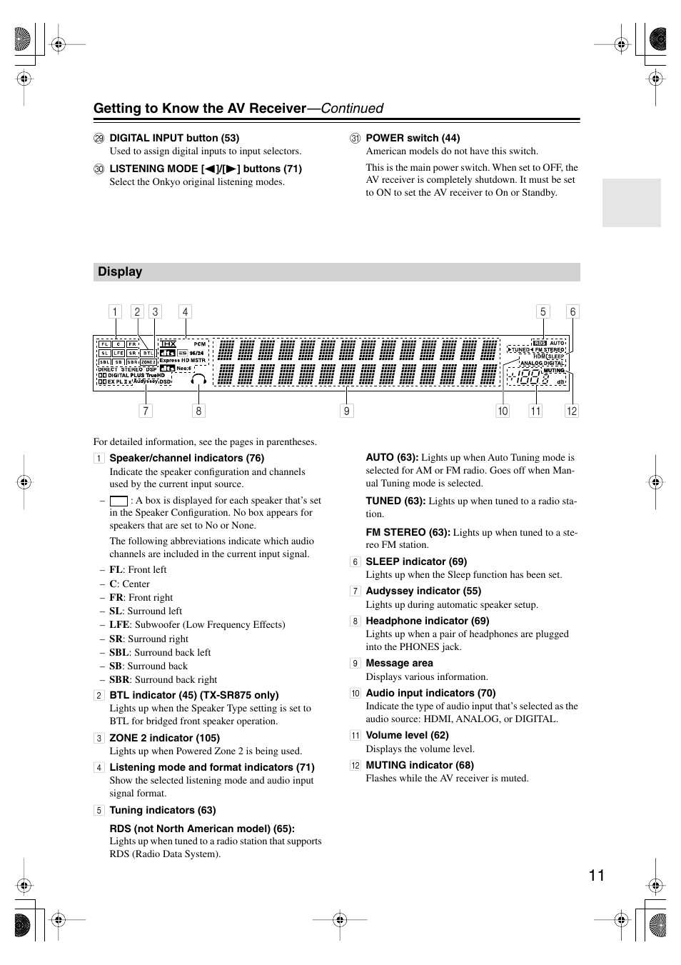 Display, Getting to know the av receiver —continued | Onkyo TX-SR875 User Manual | Page 11 / 120