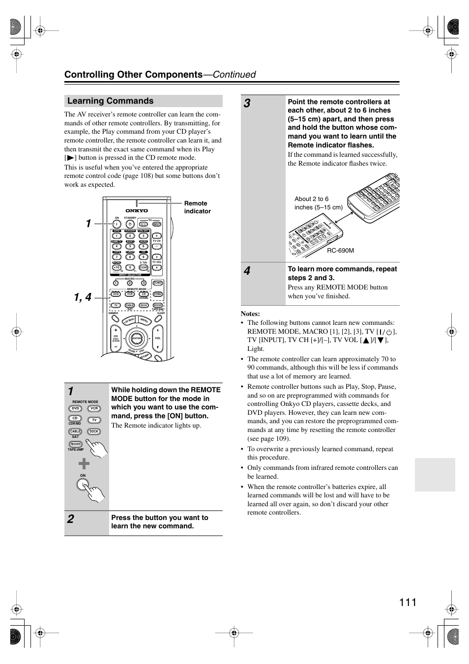 Learning commands, Controlling other components —continued, Press the button you want to learn the new command | Remote indicator | Onkyo TX-SR875 User Manual | Page 111 / 120