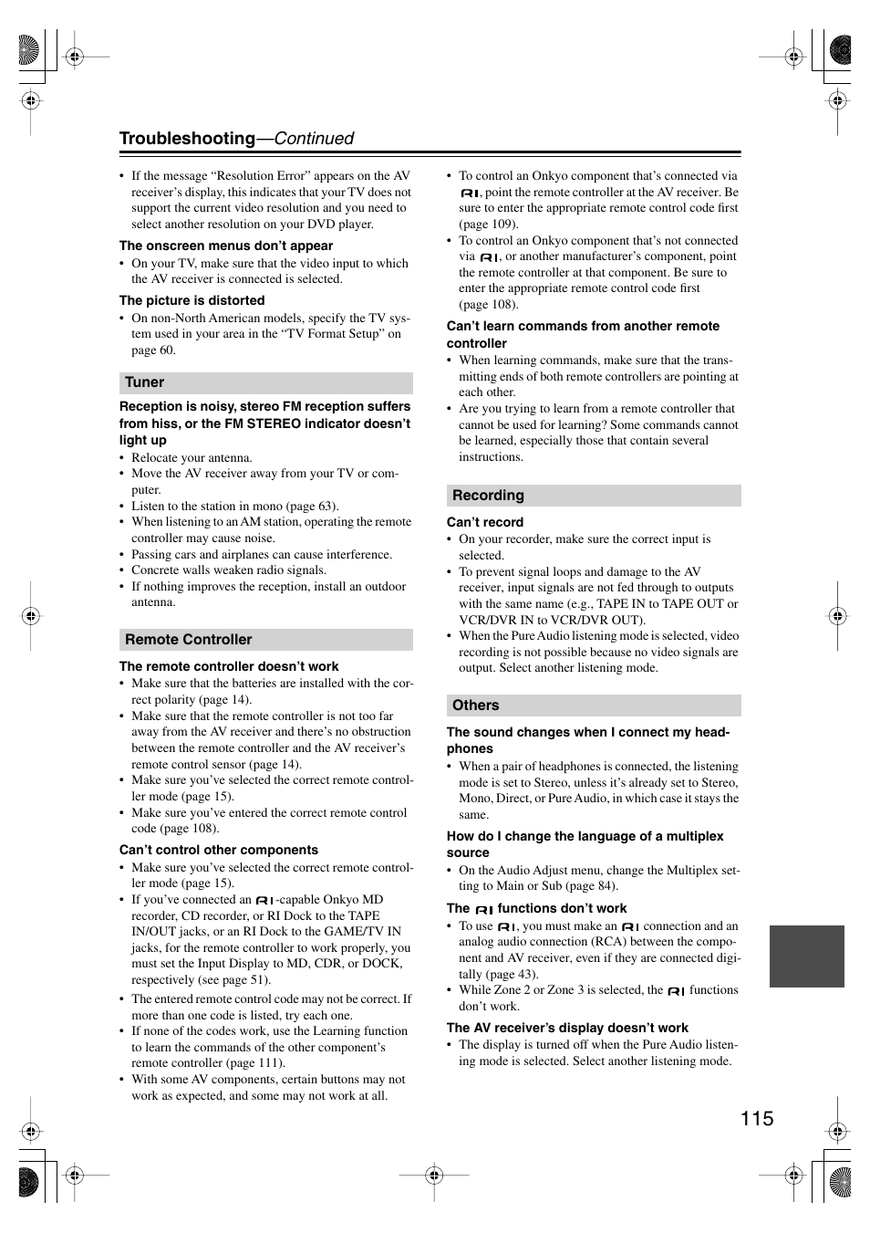 Troubleshooting —continued | Onkyo TX-SR875 User Manual | Page 115 / 120