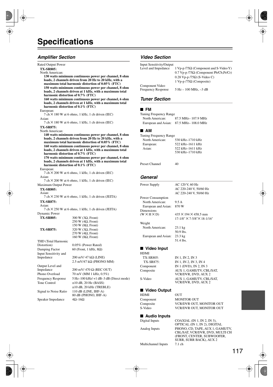 Specifications | Onkyo TX-SR875 User Manual | Page 117 / 120