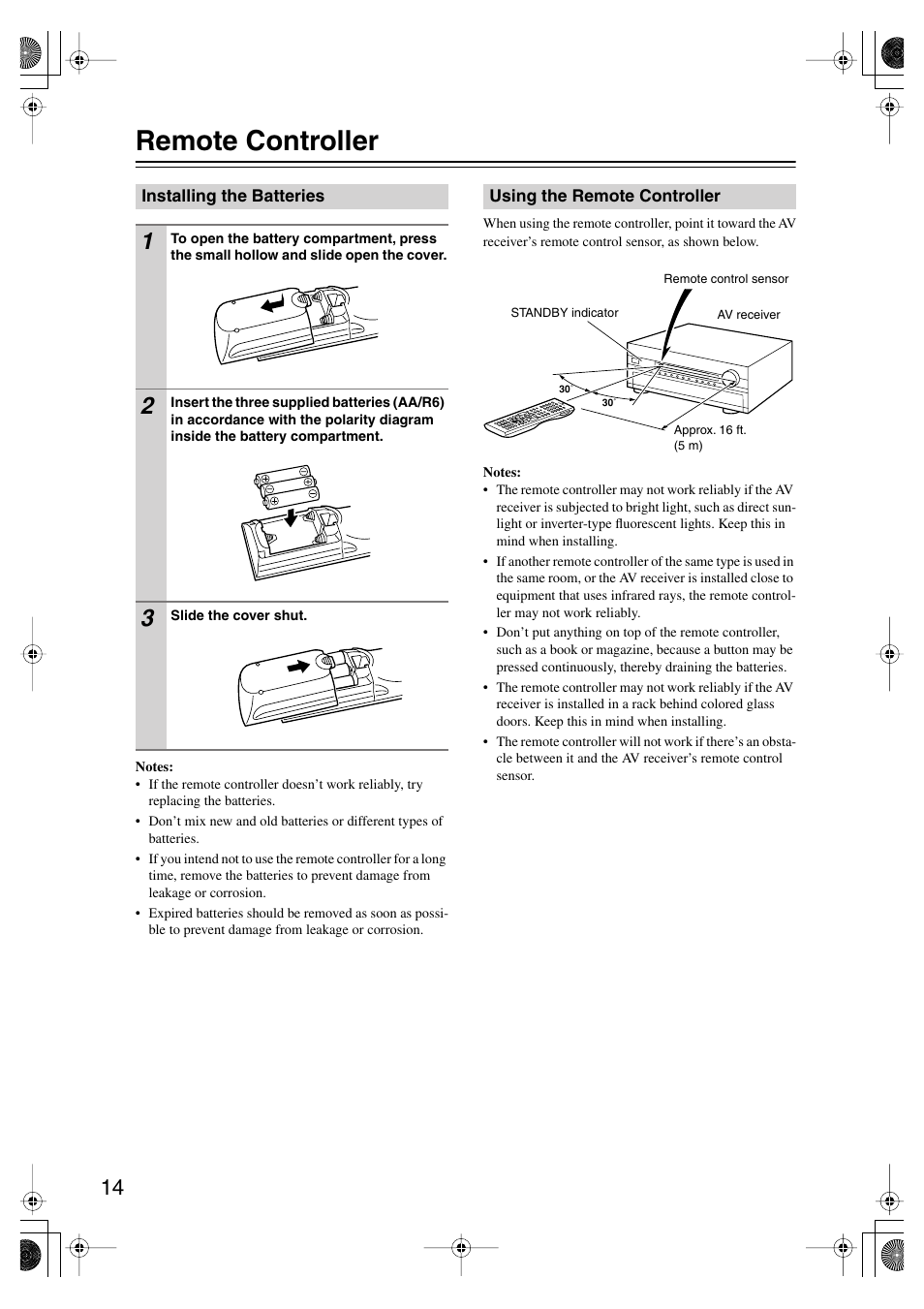 Remote controller, Installing the batteries, Using the remote controller | Ol sensor (14) | Onkyo TX-SR875 User Manual | Page 14 / 120