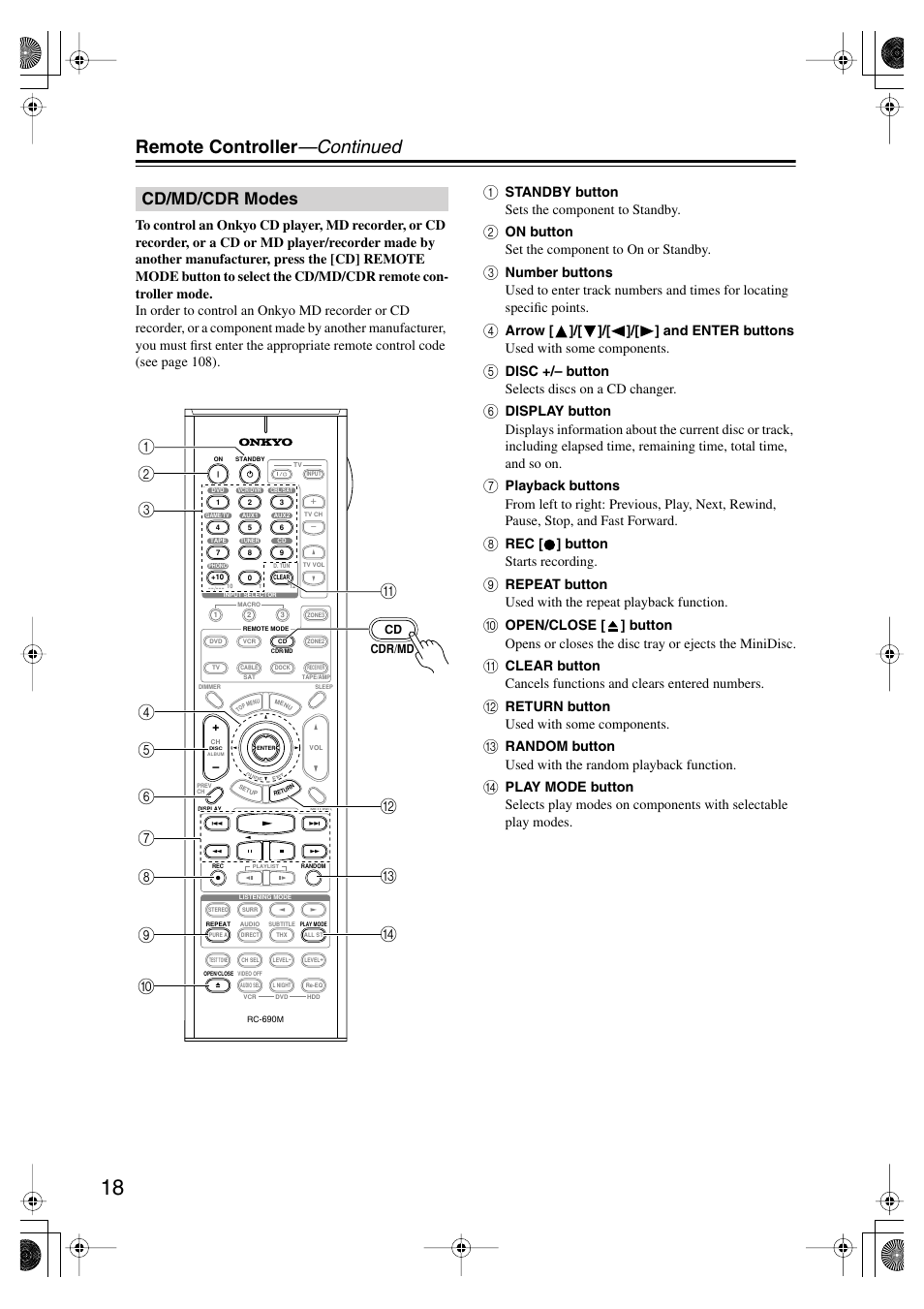Cd/md/cdr modes, Remote controller —continued | Onkyo TX-SR875 User Manual | Page 18 / 120