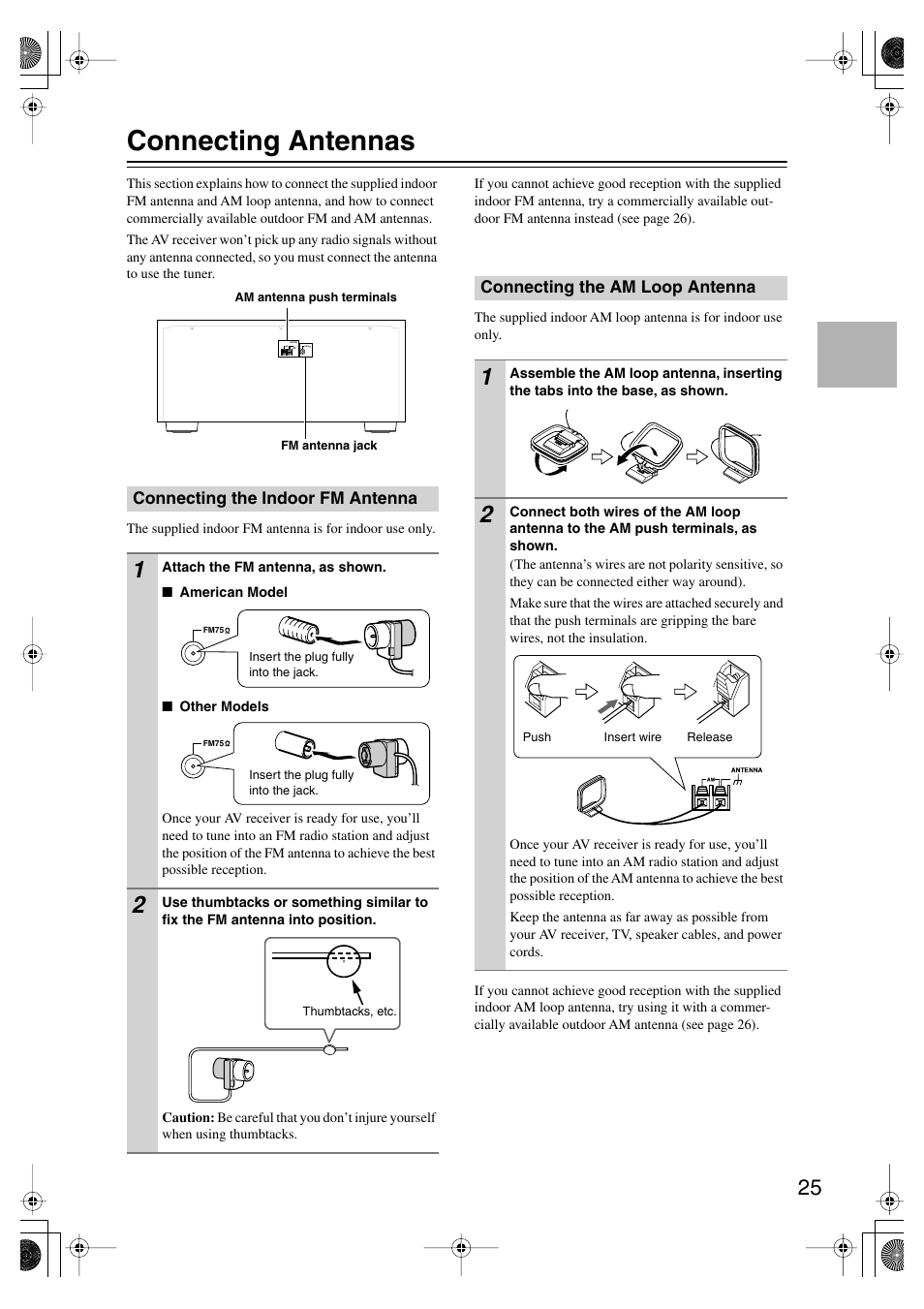 Connecting antennas, Connecting the indoor fm antenna, Connecting the am loop antenna | Onkyo TX-SR875 User Manual | Page 25 / 120