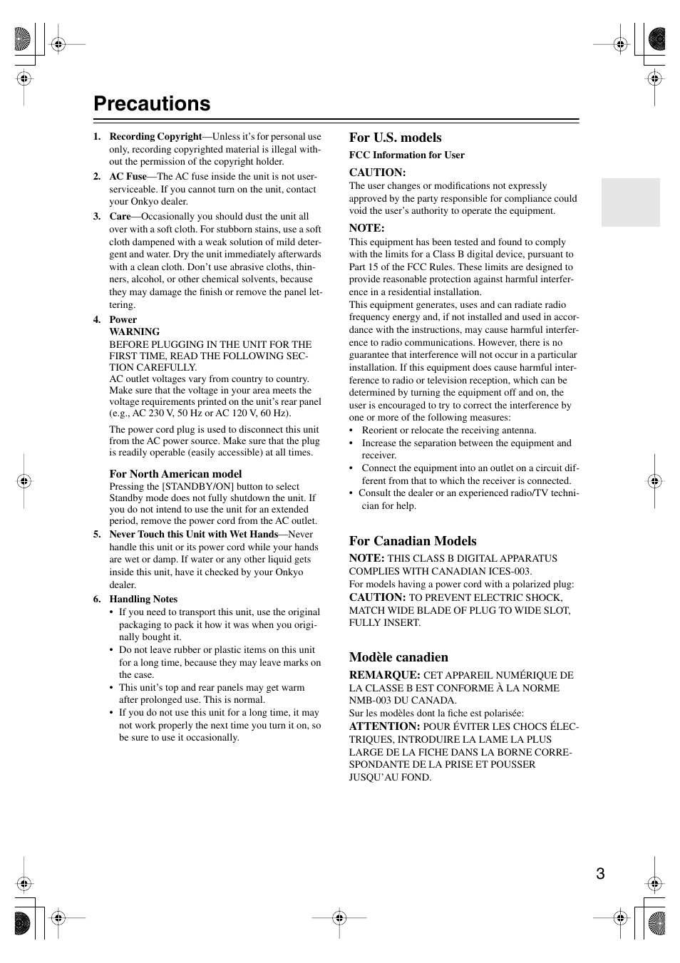 Precautions, For u.s. models, For canadian models | Modèle canadien | Onkyo TX-SR875 User Manual | Page 3 / 120