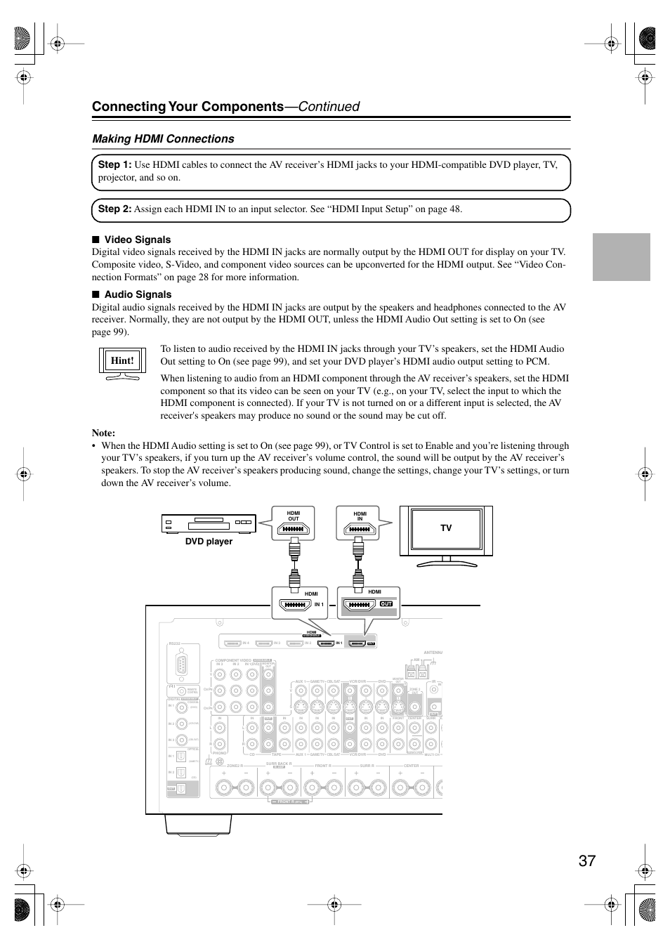 Connecting your components —continued, Making hdmi connections, Tv dvd player | Onkyo TX-SR875 User Manual | Page 37 / 120