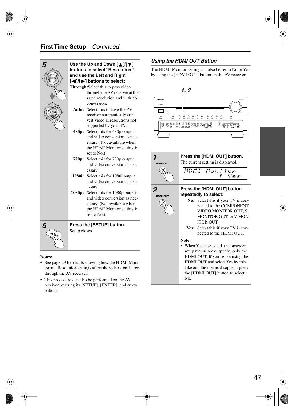 Utton (47), First time setup —continued | Onkyo TX-SR875 User Manual | Page 47 / 120