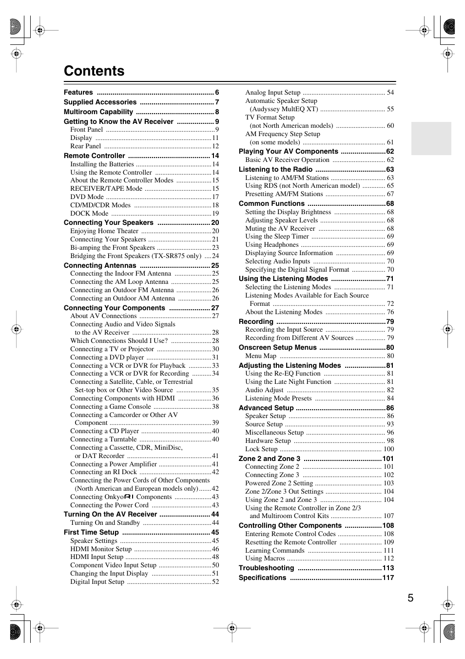 Onkyo TX-SR875 User Manual | Page 5 / 120