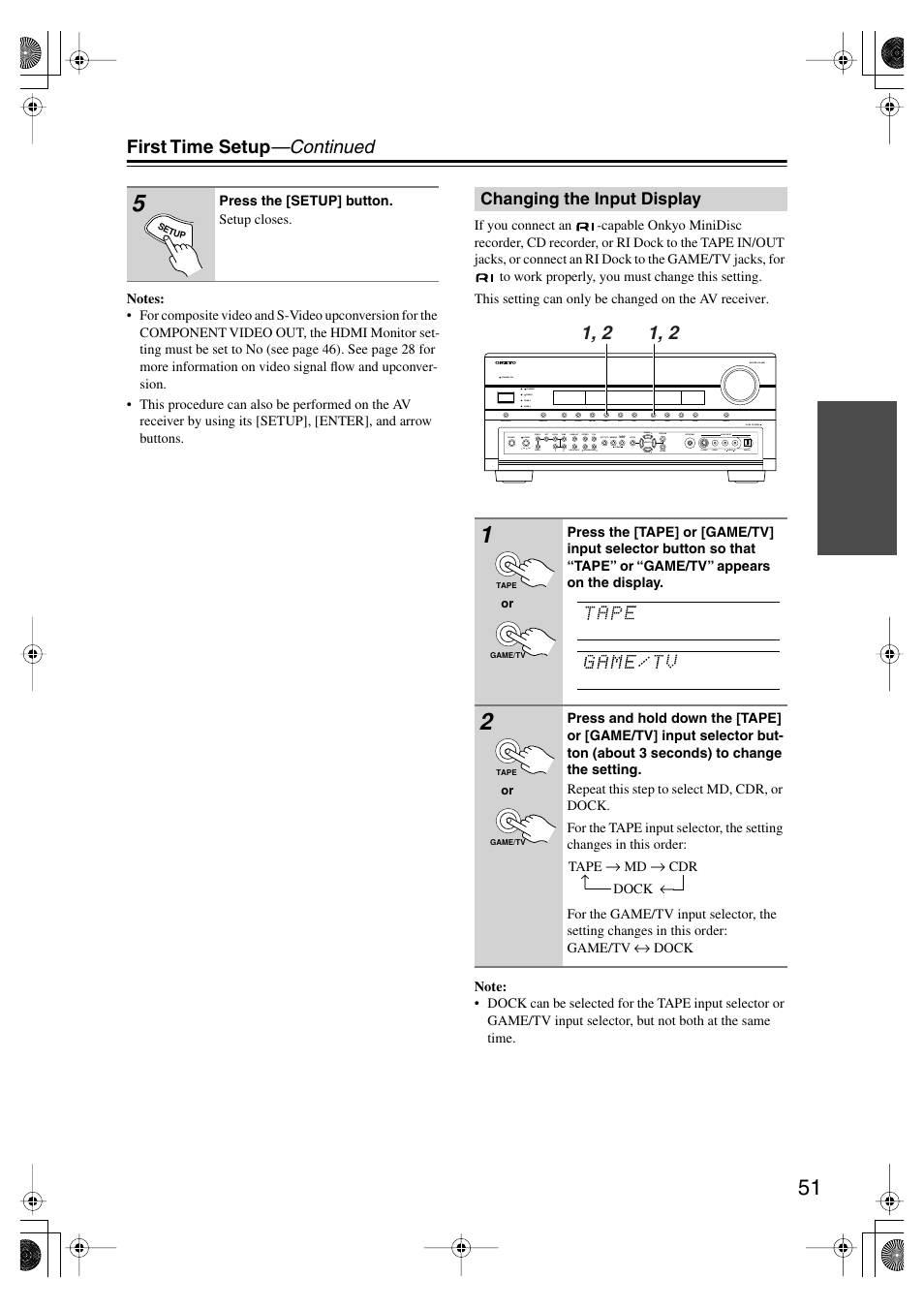 Changing the input display, First time setup —continued | Onkyo TX-SR875 User Manual | Page 51 / 120