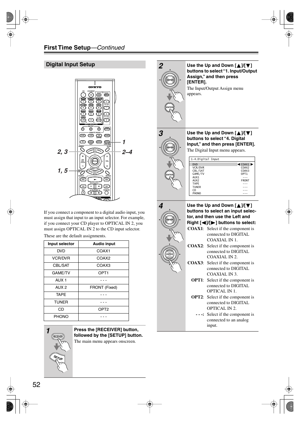 Digital input setup, First time setup —continued | Onkyo TX-SR875 User Manual | Page 52 / 120