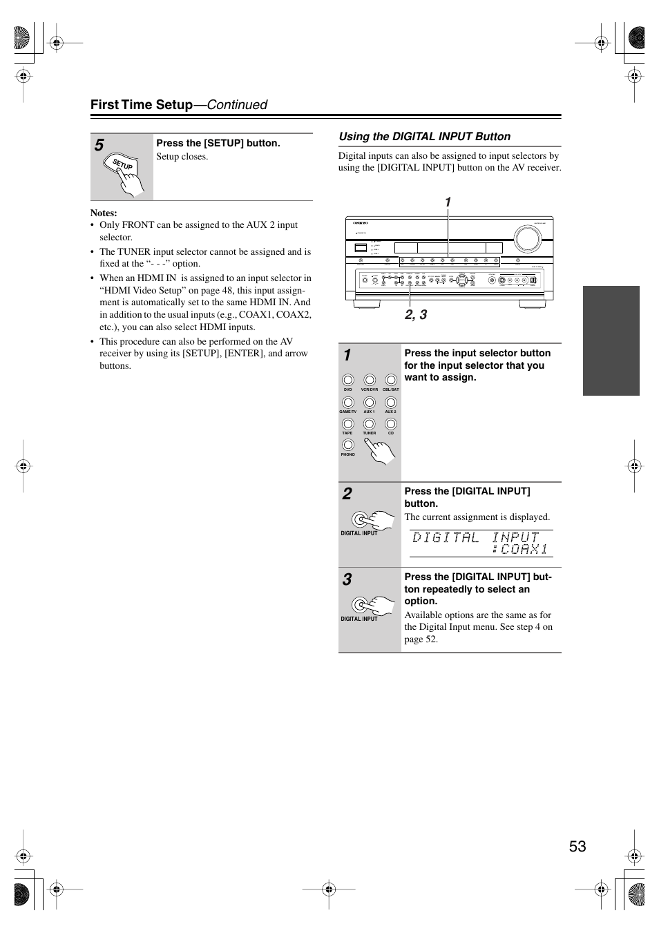 Utton (53), First time setup —continued | Onkyo TX-SR875 User Manual | Page 53 / 120