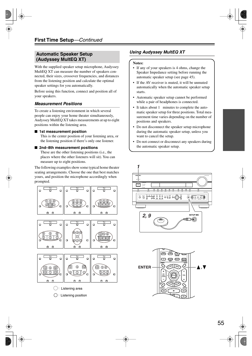 Automatic speaker setup (audysseymulteq xt), Automatic speaker setup, Audyssey multeq xt) | Setup mic (55), Y indicator (55), Tv vol, First time setup —continued, Automatic speaker setup (audyssey multeq xt), Measurement positions, Using audyssey multeq xt | Onkyo TX-SR875 User Manual | Page 55 / 120