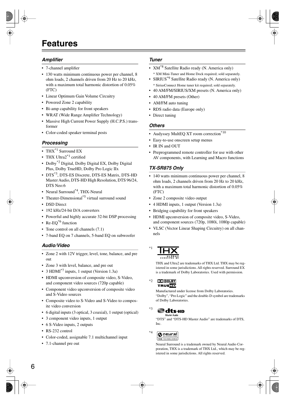 Features | Onkyo TX-SR875 User Manual | Page 6 / 120