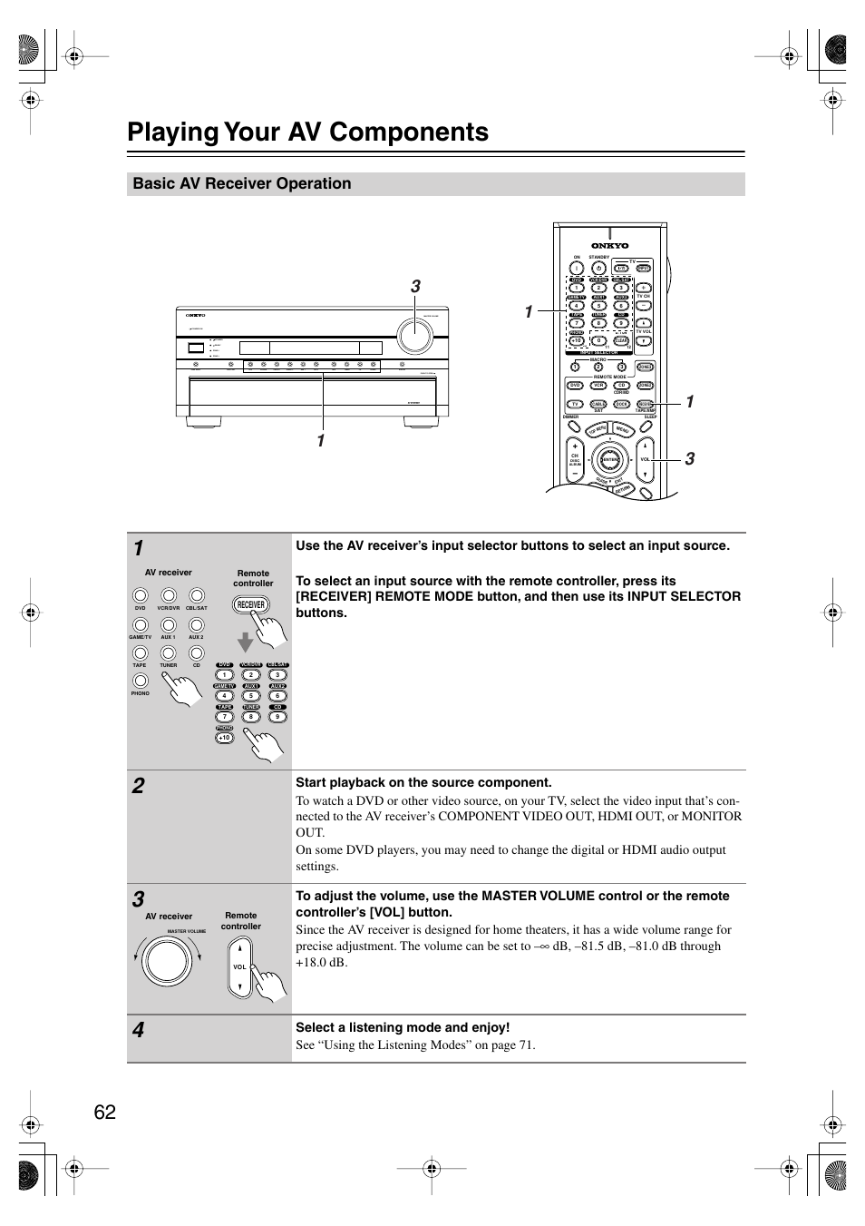 Playing your av components, Basic av receiver operation, Ol (62) | Uttons (62), Vel (62), Utton (62) | Onkyo TX-SR875 User Manual | Page 62 / 120