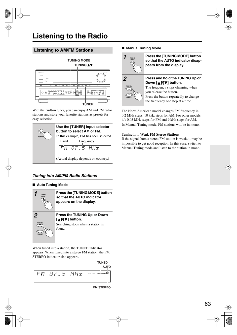 Listening to the radio, Listening to am/fm stations, Utton (63) | S (63), Tuned (63), Fm stereo (63) | Onkyo TX-SR875 User Manual | Page 63 / 120
