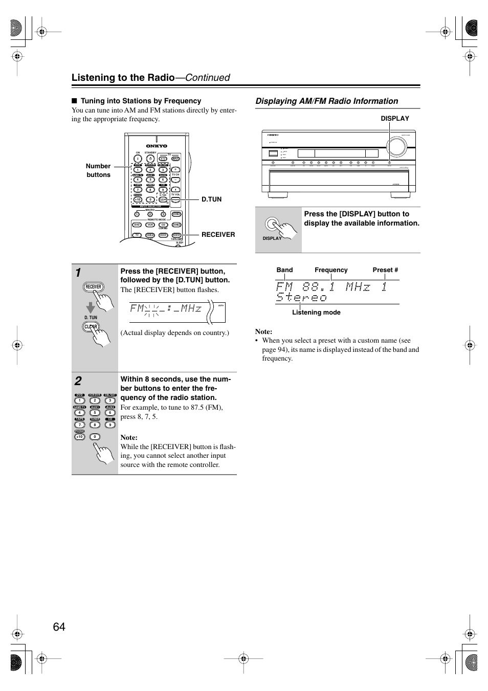 Utton (64), Listening to the radio —continued, Displaying am/fm radio information | Onkyo TX-SR875 User Manual | Page 64 / 120