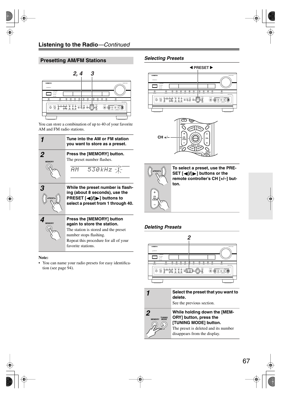 Presetting am/fm stations, Utton (67), Listening to the radio —continued | Selecting presets deleting presets | Onkyo TX-SR875 User Manual | Page 67 / 120