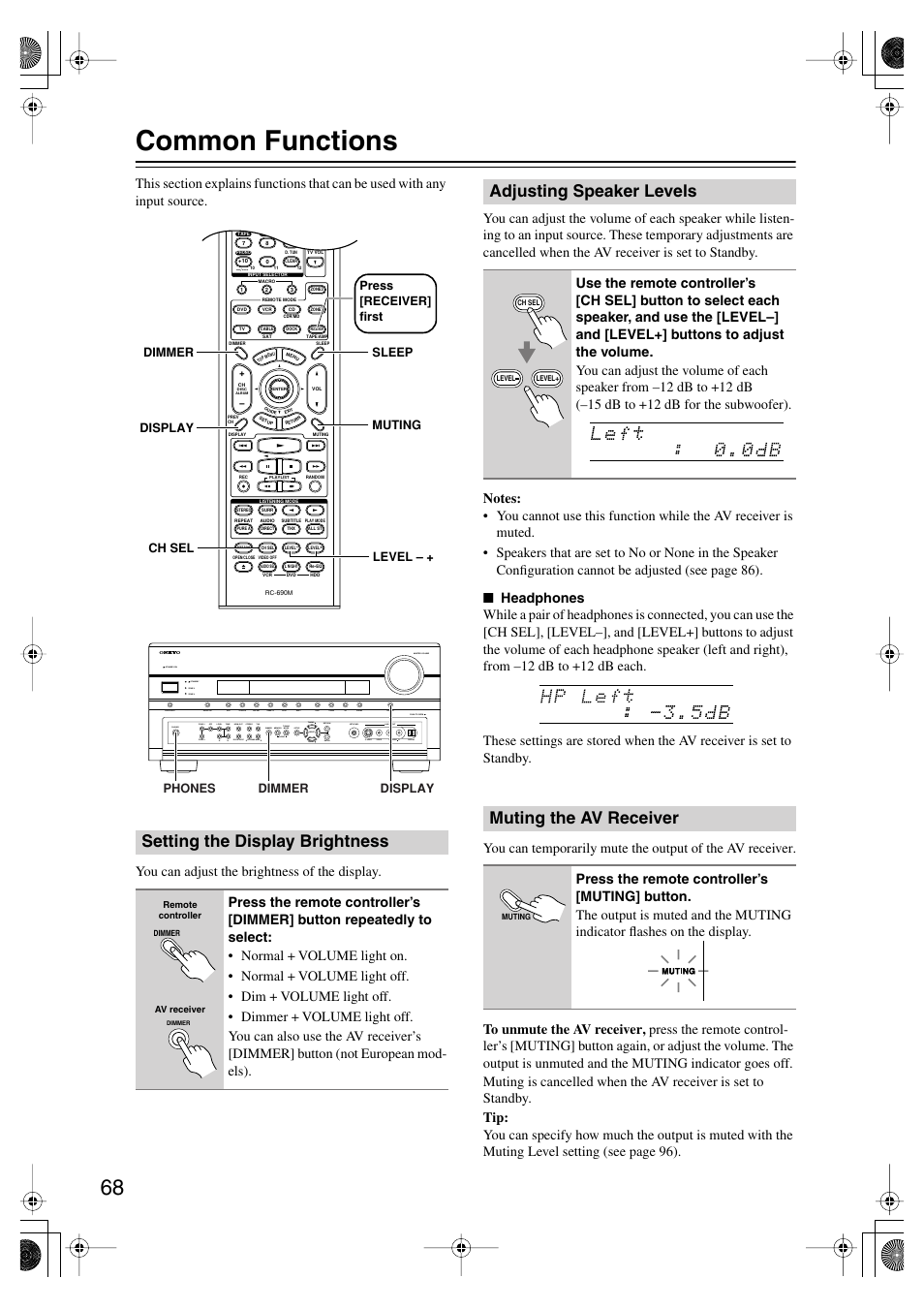 Common functions, Setting the display brightness, Adjusting speaker levels | Muting the av receiver, Muting indicator (68), Utton (68), Uttons (68 | Onkyo TX-SR875 User Manual | Page 68 / 120