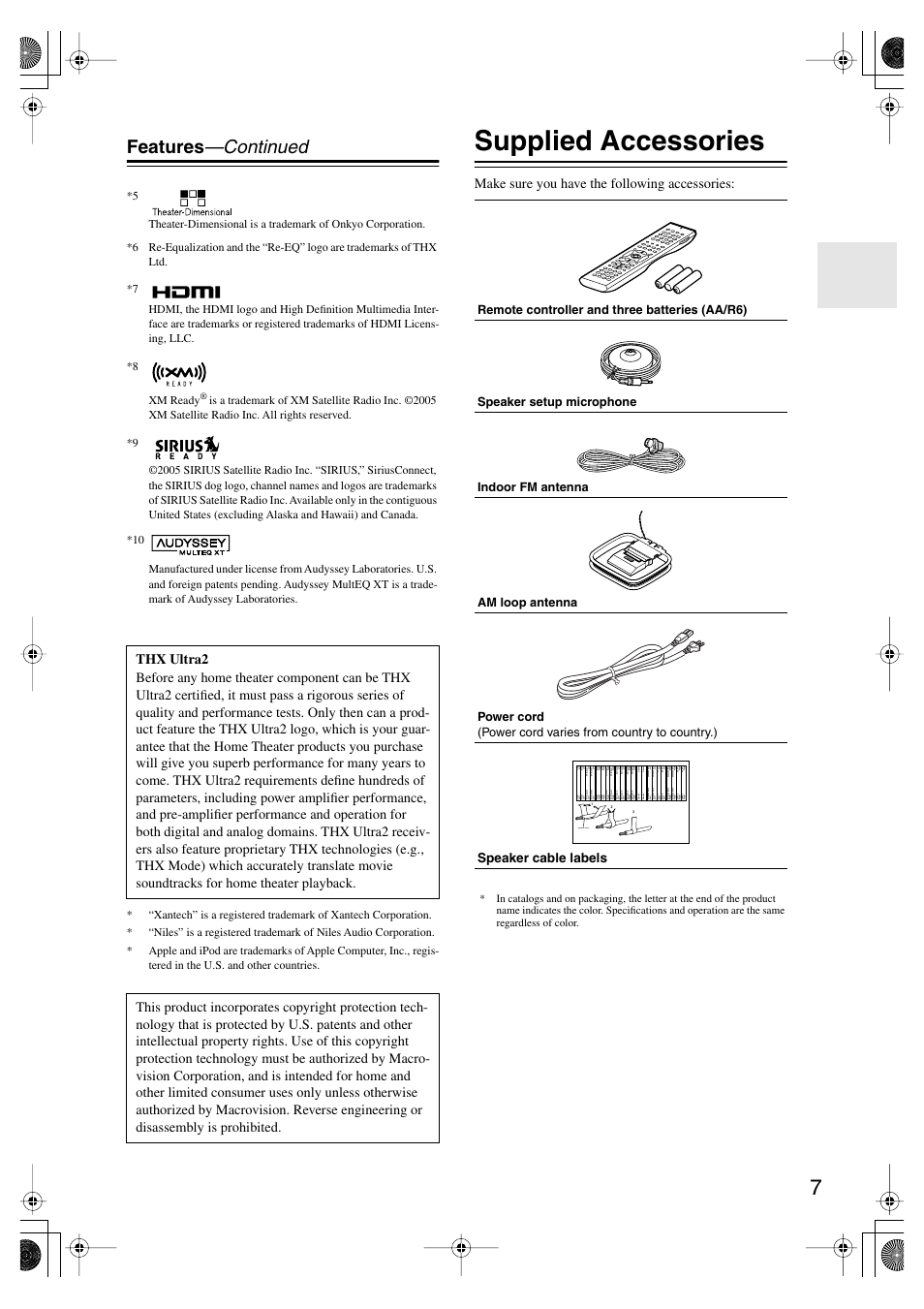 Supplied accessories, Features —continued, Make sure you have the following accessories | Speaker cable, Speaker cable labels | Onkyo TX-SR875 User Manual | Page 7 / 120