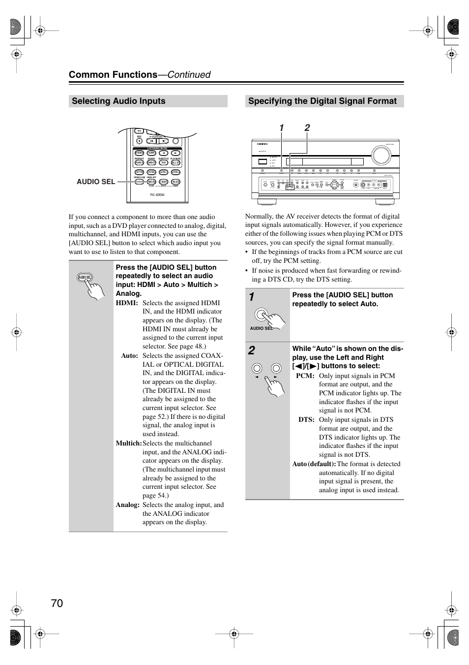 Selecting audio inputs, Specifying the digital signal format, Utton (70) | S (70), Common functions —continued | Onkyo TX-SR875 User Manual | Page 70 / 120
