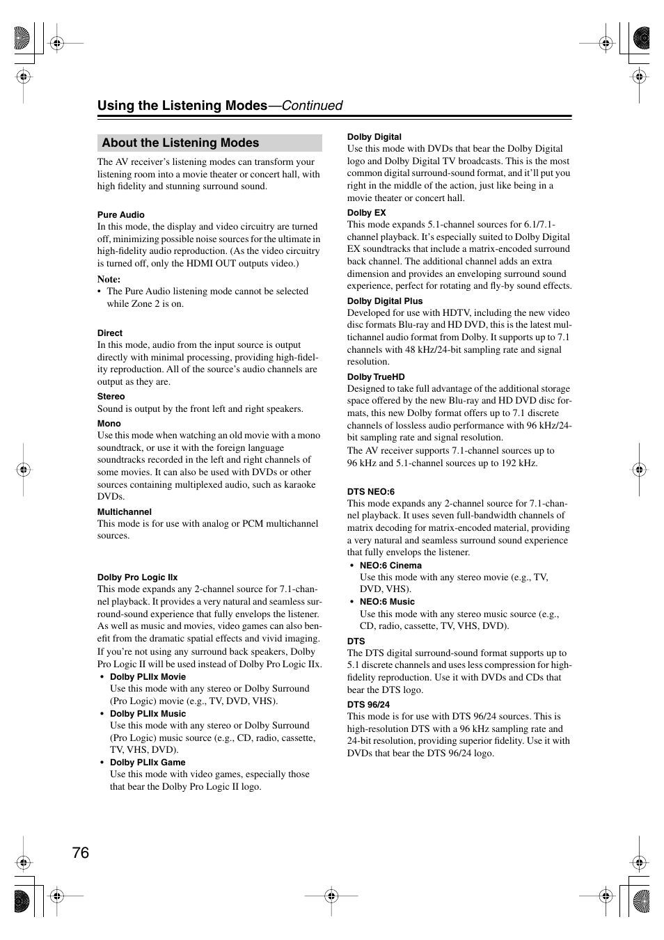 About the listening modes, S (76), Using the listening modes —continued | Onkyo TX-SR875 User Manual | Page 76 / 120