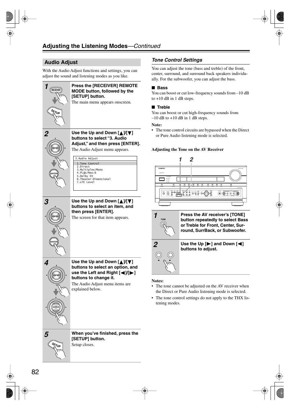 Audio adjust, Uttons (82, Adjusting the listening modes —continued | Onkyo TX-SR875 User Manual | Page 82 / 120