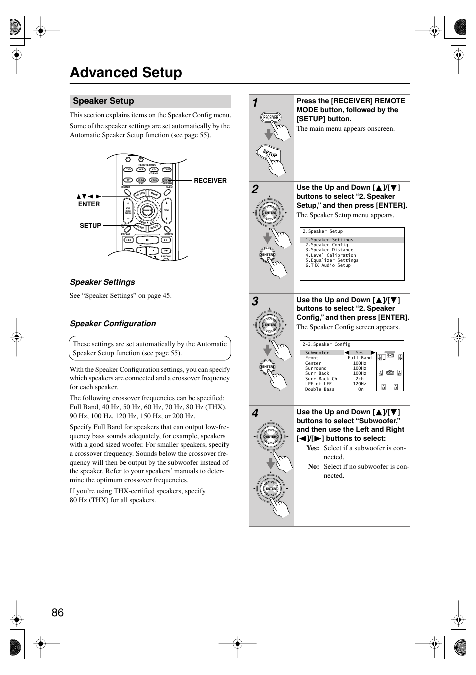 Advanced setup, Speaker setup, Advanced operation | Es 86–92, Speaker settings, Speaker configuration, See “speaker settings” on page 45 | Onkyo TX-SR875 User Manual | Page 86 / 120