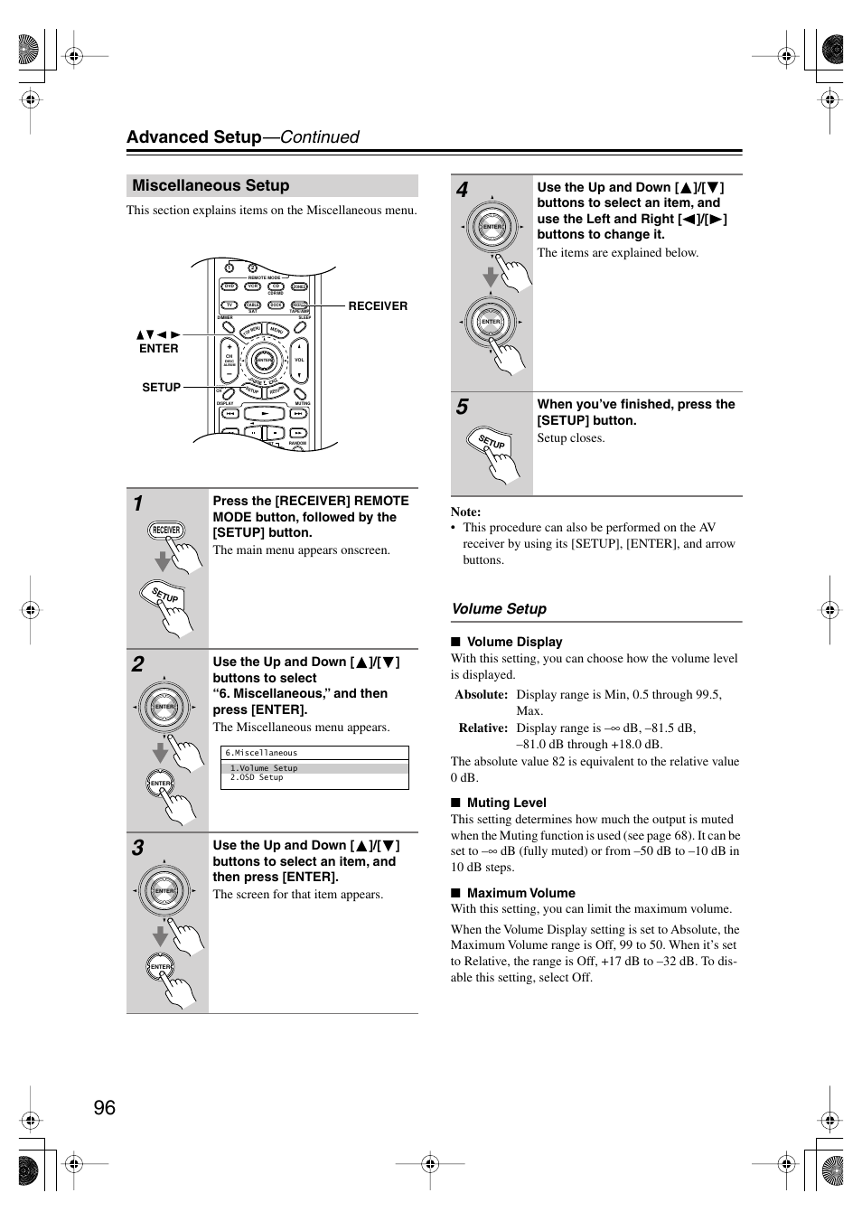 Miscellaneous setup, Advanced setup —continued, Volume setup | Onkyo TX-SR875 User Manual | Page 96 / 120