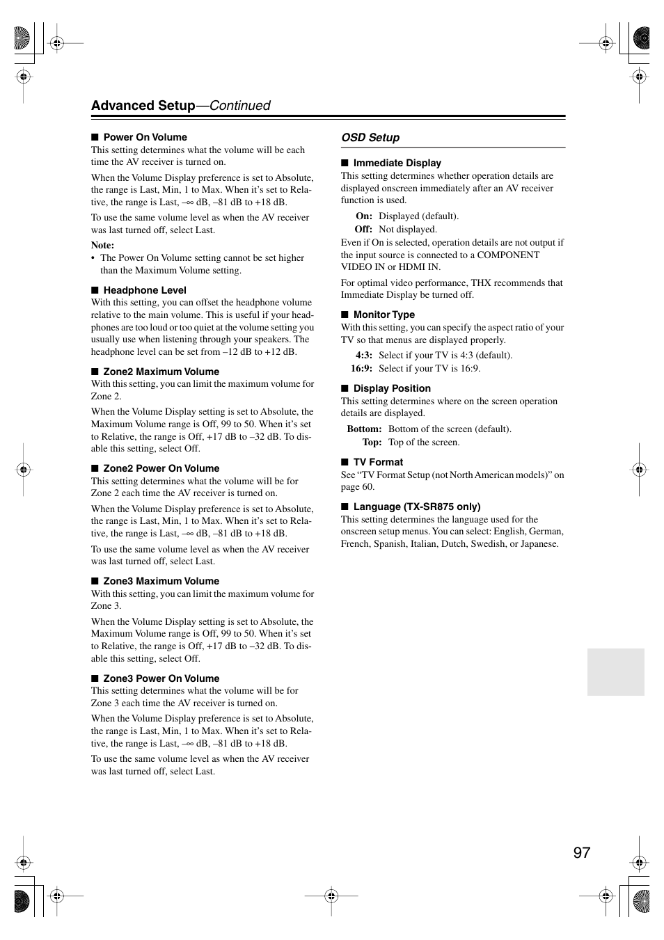 Advanced setup —continued | Onkyo TX-SR875 User Manual | Page 97 / 120