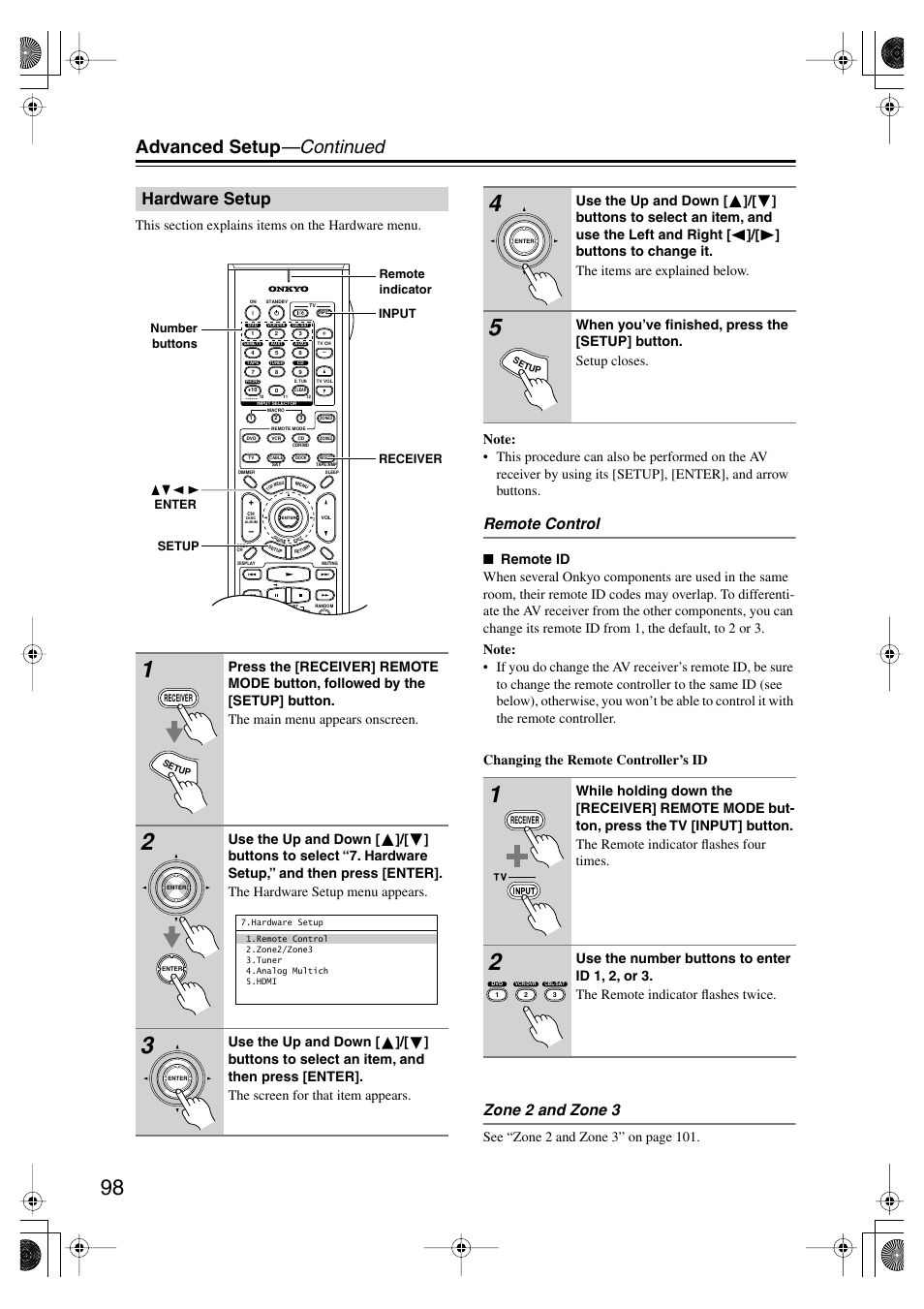 Hardware setup, Advanced setup —continued, Remote control | Zone 2 and zone 3 | Onkyo TX-SR875 User Manual | Page 98 / 120