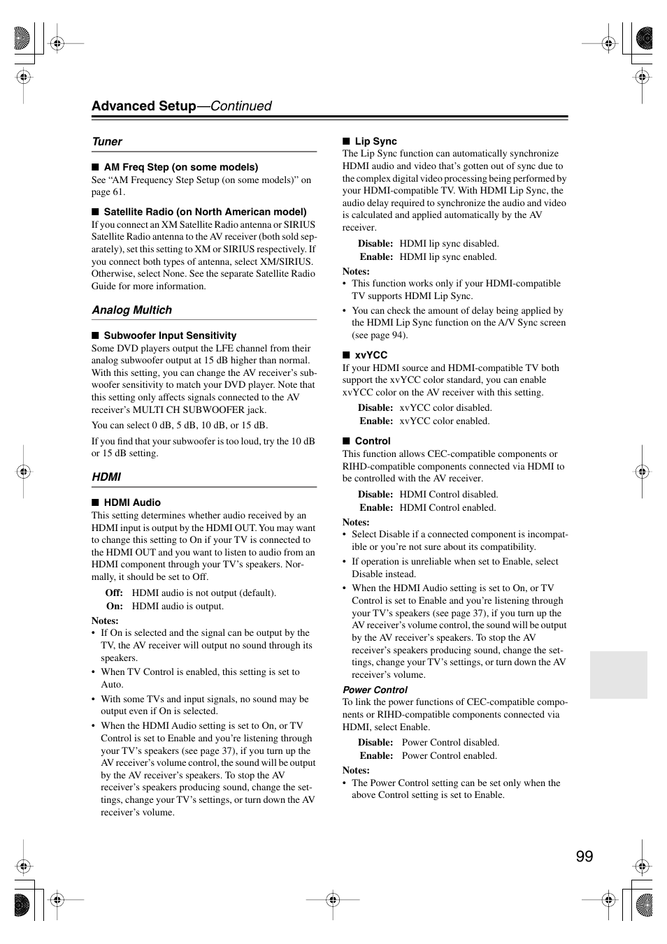 Y indicator (99), Advanced setup —continued | Onkyo TX-SR875 User Manual | Page 99 / 120