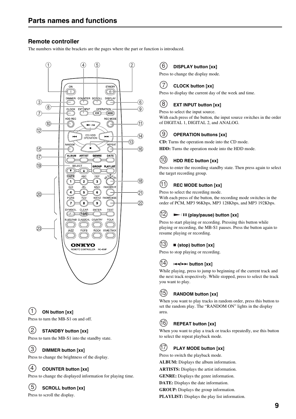 Remote buttons, Parts names and functions | Onkyo MB-S1 User Manual | Page 10 / 62