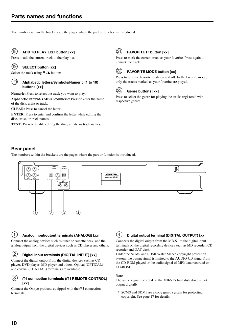 Rear panel, 10 parts names and functions | Onkyo MB-S1 User Manual | Page 11 / 62