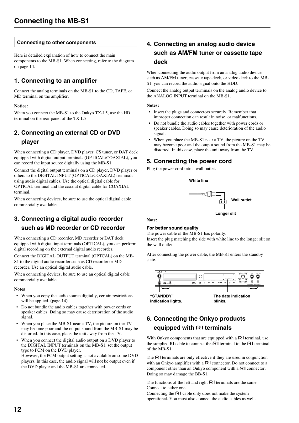 Connecting the mb-s1, Connecting the power cord, Connecting to an amplifier | Connecting an external cd or dvd player | Onkyo MB-S1 User Manual | Page 13 / 62